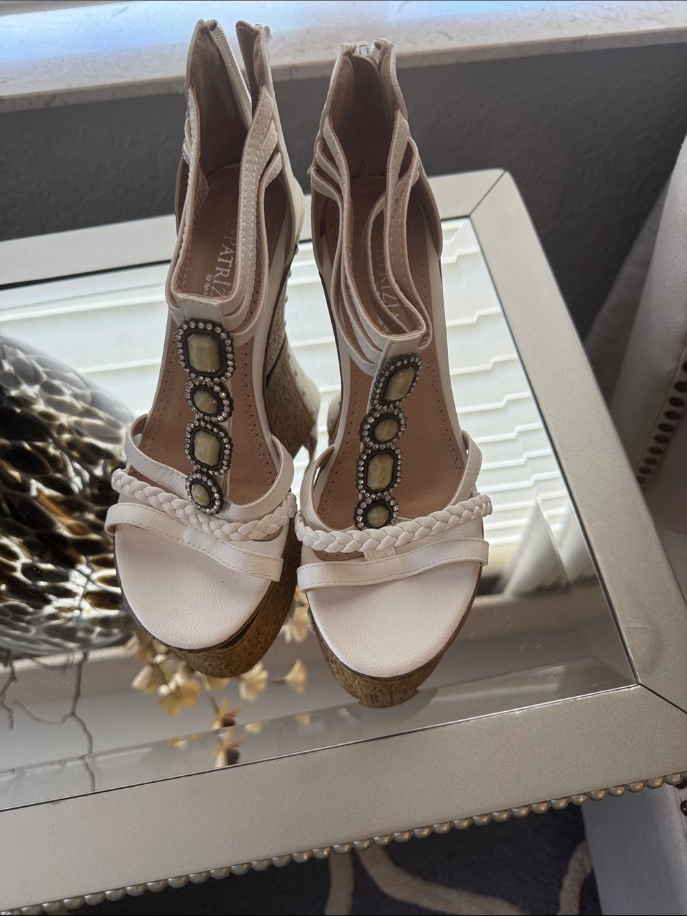 Patrizia Pepe White Braided Cork Wedge Sandals with Embellishments